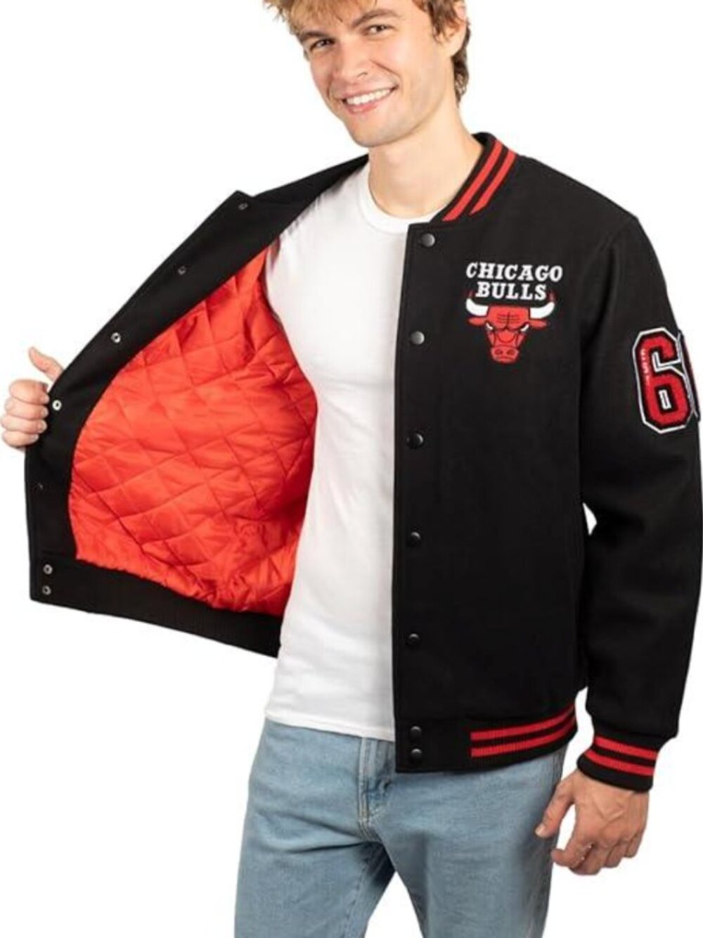 Ultra Game NWT NBA Chicago Bulls Satin Button Up Varsity Jacket, Black/Red, M - Picture 2 of 13
